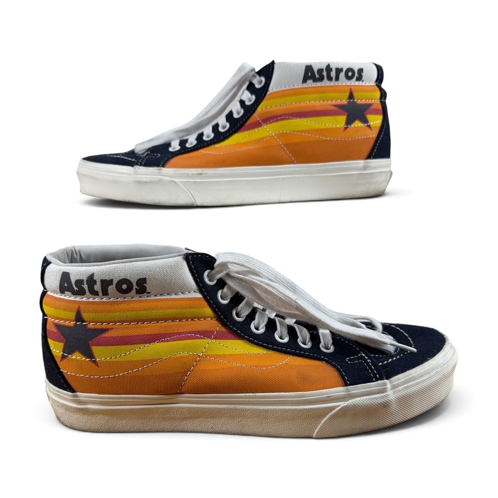Houston Astros Vans Sk8-Mid Mens 9 Orange Navy White Rainbow Stripe Sneakers